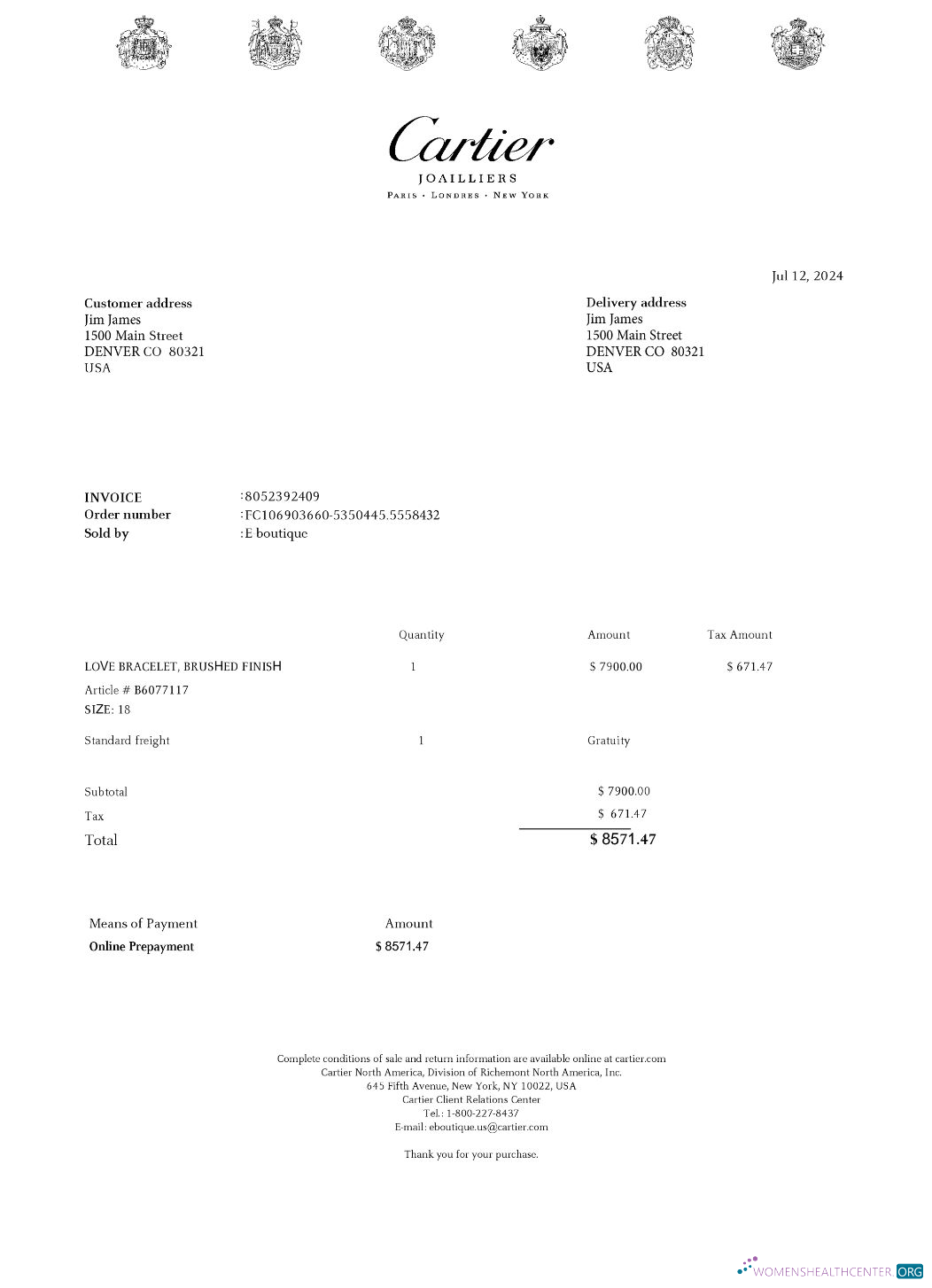 Download Cartier payment receipt Photoshop template